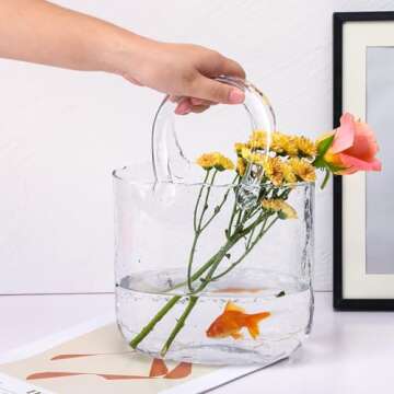 Fixwal Glass Purse Vase for Flowers, Clear Bag Vases with Handle, Unique Cute Handbag Shape Decorative Flower Vases with Fish Bowl for Centerpieces Home Table Shelf Decor Birthday Gift