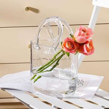 Fixwal Glass Purse Vase for Flowers, Clear Bag Vases with Handle, Unique Cute Handbag Shape Decorative Flower Vases with Fish Bowl for Centerpieces Home Table Shelf Decor Birthday Gift