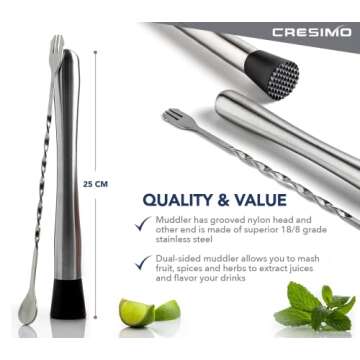 10 inch Stainless Steel Muddler for Cocktails and Mixing Spoon with Cocktail Recipes Book - Professional Home Bar Cocktail Muddler Set for Creating Mojitos, Margaritas & Fruit Based Drinks - Cresimo