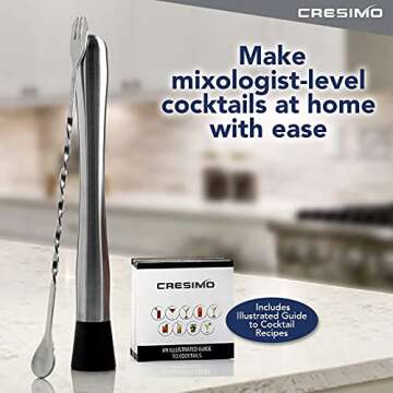 10 inch Stainless Steel Muddler for Cocktails and Mixing Spoon with Cocktail Recipes Book - Professional Home Bar Cocktail Muddler Set for Creating Mojitos, Margaritas & Fruit Based Drinks - Cresimo