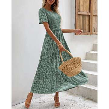 Zattcas Womens 2023 Spring Summer Casual Bohemian Boho Floral Long Smocked Tiered Maxi Dresses Short...