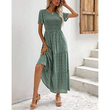 Zattcas Womens 2023 Spring Summer Casual Bohemian Boho Floral Long Smocked Tiered Maxi Dresses Short Sleeve Modest Work Flowy Church Maternity Wedding Guest Dress Green S