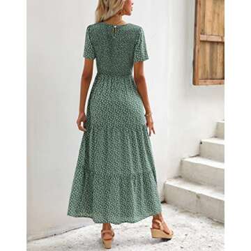 Zattcas Womens 2023 Spring Summer Casual Bohemian Boho Floral Long Smocked Tiered Maxi Dresses Short Sleeve Modest Work Flowy Church Maternity Wedding Guest Dress Green S