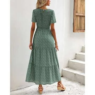 Zattcas Womens 2023 Spring Summer Casual Bohemian Boho Floral Long Smocked Tiered Maxi Dresses Short Sleeve Modest Work Flowy Church Maternity Wedding Guest Dress Green S