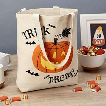 Hallmark 13" Large Halloween Tote Bag (Trick or Treat Pumpkin) Reusable Canvas Bag for Trick or Trea...