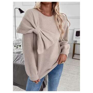MakeMeChic Women's Bow Sweater Cute Y2K Long Sleeve Crew Neck Knitted Lightweight Fall Sweaters Khaki Large