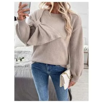 MakeMeChic Women's Bow Sweater Cute Y2K Long Sleeve Crew Neck Knitted Lightweight Fall Sweaters Khaki Large