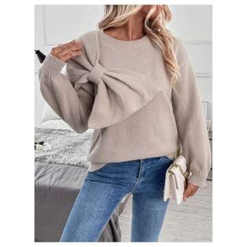MakeMeChic Women's Bow Sweater Cute Y2K Long Sleeve Crew Neck Knitted Lightweight Fall Sweaters Khaki Large