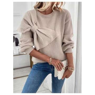 MakeMeChic Women's Bow Sweater Cute Y2K Long Sleeve Crew Neck Knitted Lightweight Fall Sweaters Khaki Large