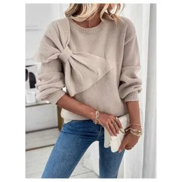 MakeMeChic Women's Bow Sweater Cute Y2K Long Sleeve Crew Neck Knitted Lightweight Fall Sweaters Khaki Large