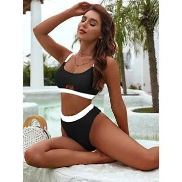 Blooming Jelly Womens 2 Piece High Cut Swimsuit Cutout Sexy Swim Suits Color Block Sporty Swimsuit (Small, White Black)