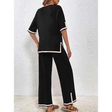 SuperPrity Sweater Pants Set for Women Crew Neck Short Sleeve Knit 2 Piece Outfits High Waist Lounge Sets-L,Black