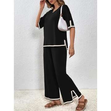 SuperPrity Sweater Pants Set for Women Crew Neck Short Sleeve Knit 2 Piece Outfits High Waist Lounge Sets-L,Black