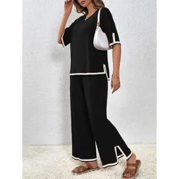 SuperPrity Sweater Pants Set for Women Crew Neck Short Sleeve Knit 2 Piece Outfits High Waist Lounge Sets-L,Black