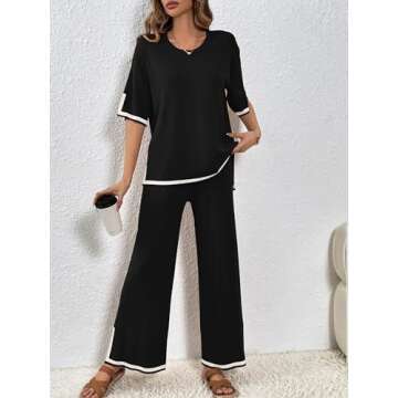 SuperPrity Sweater Pants Set for Women Crew Neck Short Sleeve Knit 2 Piece Outfits High Waist Lounge Sets-L,Black