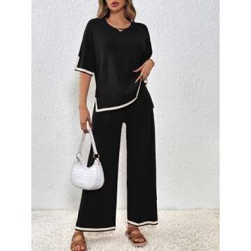 SuperPrity Sweater Pants Set for Women Crew Neck Short Sleeve Knit 2 Piece Outfits High Waist Lounge Sets-L,Black