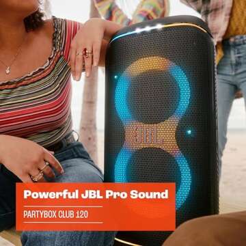 JBL PartyBox Club 120 - Portable Party Speaker with Foldable Handle, Powerful JBL Pro Sound, Futuristic lightshow, Up to 12 Hours of Play time, Splash Proof, Dual Mic & Guitar Inputs (Black)
