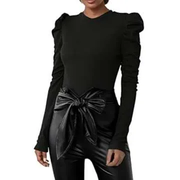 Floerns Women's Solid Puff Sleeve Crew Neck Casual T Shirt Top Aa Black XS