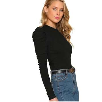 Floerns Women's Solid Puff Sleeve Crew Neck Casual T Shirt Top Aa Black XS