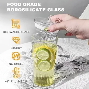 Glass Tumbler with Straw and Lid, 20 OZ Clear Iced Coffee Glasses Cups for Ice Water, Juice, Tea, Milk, Smoothie and Cold or Hot Drinks, Set of 2