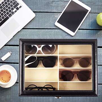 Siveit 8 Slot Sunglass Organizer Leather Eyeglasses Collector Eyewear Display Case Storage Box, Blac...