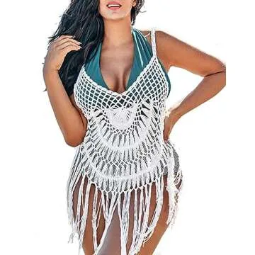 Ekouaer Beach Swimsuit Cover Up Women Crochet Bikini Coverups Summer Pool Swimwear Tassel Dress Beige White
