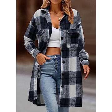 KIRUNDO Women's 2024 Fall Winter Long Flannel Plaid Shirts Jacket Casual Long Sleeve Boyfriend Button Down Shacket Coats(Black, X-Large)