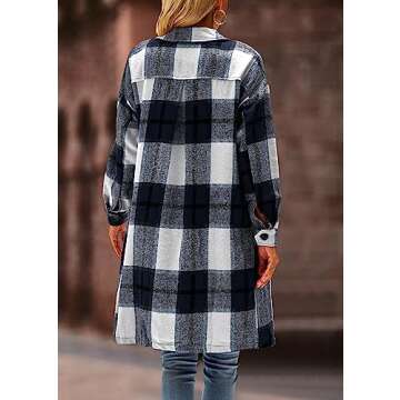KIRUNDO Women's 2024 Fall Winter Long Flannel Plaid Shirts Jacket Casual Long Sleeve Boyfriend Button Down Shacket Coats(Black, X-Large)