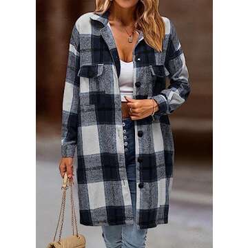 KIRUNDO Women's 2024 Fall Winter Long Flannel Plaid Shirts Jacket Casual Long Sleeve Boyfriend Button Down Shacket Coats(Black, X-Large)