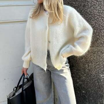 Women Button up Sweaters Solid Color Knit Cardigans Lightweight Casual Fall Knitwear Streetwear (Whi...