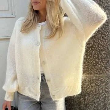 Women Button up Sweaters Solid Color Knit Cardigans Lightweight Casual Fall Knitwear Streetwear (White, L)