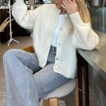 Women Button up Sweaters Solid Color Knit Cardigans Lightweight Casual Fall Knitwear Streetwear (White, L)