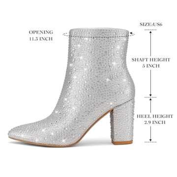 Rollda Rhinestone Boots for Women Glitter Ankle Boots Pointed Toe Block Chunky Heel Boots Sparkly Bo...
