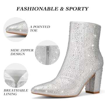 Rollda Rhinestone Boots for Women Glitter Ankle Boots Pointed Toe Block Chunky Heel Boots Sparkly Booties Silver Size 8