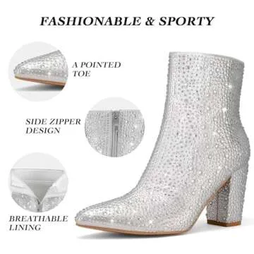 Rollda Rhinestone Boots for Women Glitter Ankle Boots Pointed Toe Block Chunky Heel Boots Sparkly Booties Silver Size 8