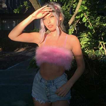 Stylish Pink Faux Fur Bralette Crop Top for Autumn
