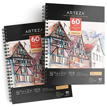 ARTEZA Mixed Media Sketchbook, 9 x 12 Inches, Pack of 2, 60 Sheets Each, Spiral-Bound Drawing Paper ...