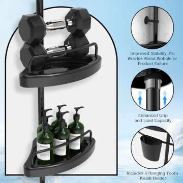 EliteCart Rust Proof Shower Caddy Corner Tension Pole – Adjustable Height (32-120 inch), 4 Tier Shelf Bathtub Organizers and Storage – Includes Towel Rack, Tooth Brush Holder and Suction Cups (Black)