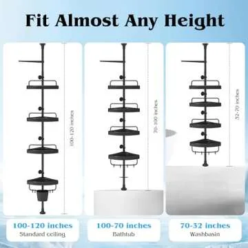 EliteCart Rust Proof Shower Caddy Corner Tension Pole – Adjustable Height (32-120 inch), 4 Tier Shelf Bathtub Organizers and Storage – Includes Towel Rack, Tooth Brush Holder and Suction Cups (Black)