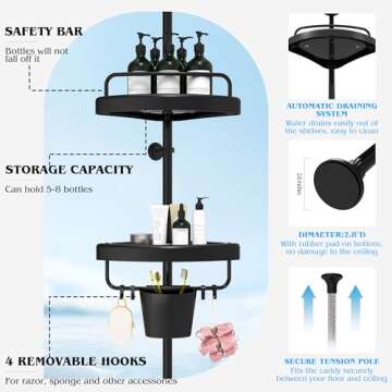 EliteCart Rust Proof Shower Caddy Corner Tension Pole – Adjustable Height (32-120 inch), 4 Tier Shelf Bathtub Organizers and Storage – Includes Towel Rack, Tooth Brush Holder and Suction Cups (Black)