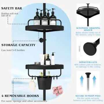 EliteCart Rust Proof Shower Caddy Corner Tension Pole – Adjustable Height (32-120 inch), 4 Tier Shelf Bathtub Organizers and Storage – Includes Towel Rack, Tooth Brush Holder and Suction Cups (Black)