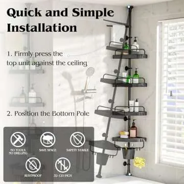 EliteCart Rust Proof Shower Caddy Corner Tension Pole – Adjustable Height (32-120 inch), 4 Tier Shelf Bathtub Organizers and Storage – Includes Towel Rack, Tooth Brush Holder and Suction Cups (Black)