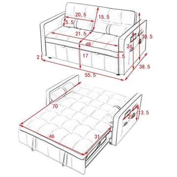 3 in 1 Sleeper Sofa Couch Bed, Small Tufted Velvet Convertible Loveseat Futon Sofa w/Pullout Bed, Ad...