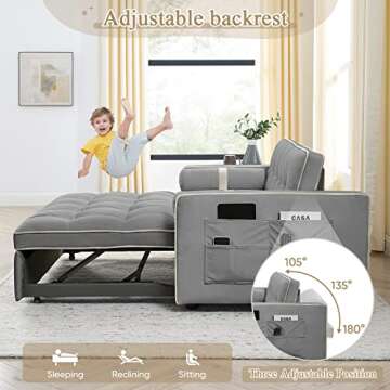 3 in 1 Sleeper Sofa Couch Bed, Small Tufted Velvet Convertible Loveseat Futon Sofa w/Pullout Bed, Adjustable Backrest, Cylinder Pillows for Living Room Apartment, Easy to Assemble, Grey, 55.5"