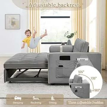 3 in 1 Sleeper Sofa Couch Bed, Small Tufted Velvet Convertible Loveseat Futon Sofa w/Pullout Bed, Adjustable Backrest, Cylinder Pillows for Living Room Apartment, Easy to Assemble, Grey, 55.5"