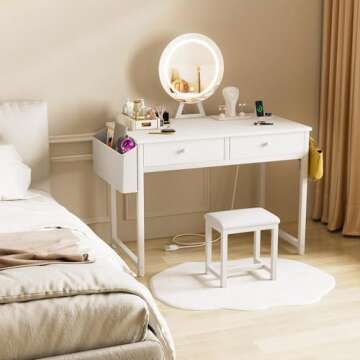 KAI-ROAD Makeup Vanity Desk with LED Mirror & Lights - Modern Beauty Table Set for Bedroom