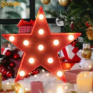 Pooqla Star Marquee Lights, Glitter LED Marquee Star, Red Light Up Star, Lighted Shiny Star Battery Powered for Night Light Birthday Party Wedding Girls Gifts Bar Theater Christmas Decoration, Red