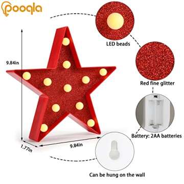 Pooqla Star Marquee Lights, Glitter LED Marquee Star, Red Light Up Star, Lighted Shiny Star Battery Powered for Night Light Birthday Party Wedding Girls Gifts Bar Theater Christmas Decoration, Red