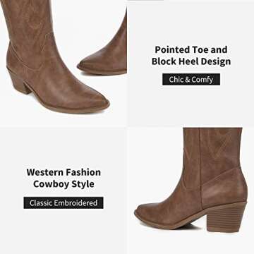 Athlefit Cowboy Boots For Women Knee High Pointed Toe Western Cowgirl Boots Chunky Heel Embroidery F...
