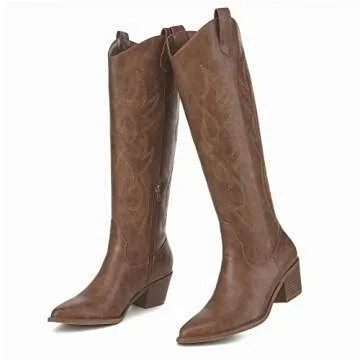 Athlefit Cowboy Boots For Women Knee High Pointed Toe Western Cowgirl Boots Chunky Heel Embroidery Fashion Fall Boots for Ladies Tan Size 8.5